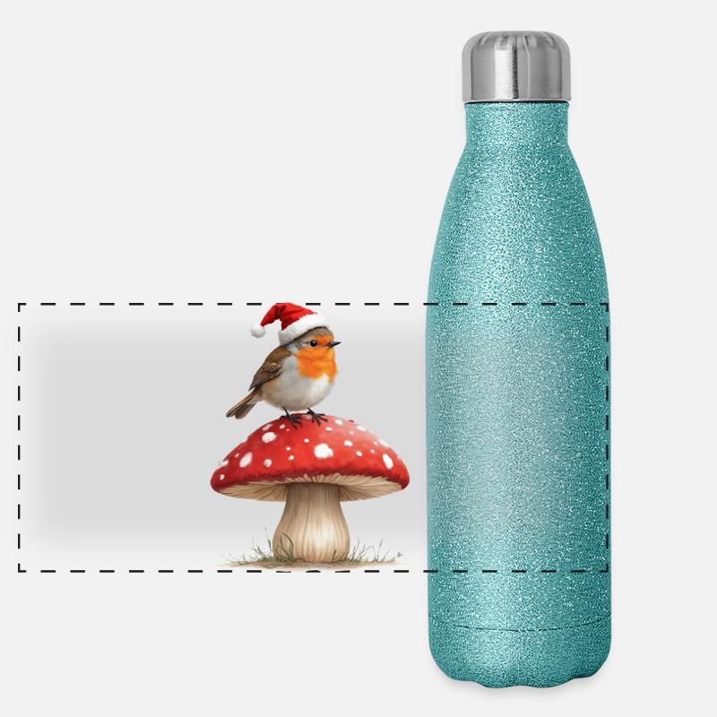 Robin en chapeau de Père Noël sur un champignon rouge Gourde isotherme panoramique pailletée 500 ml