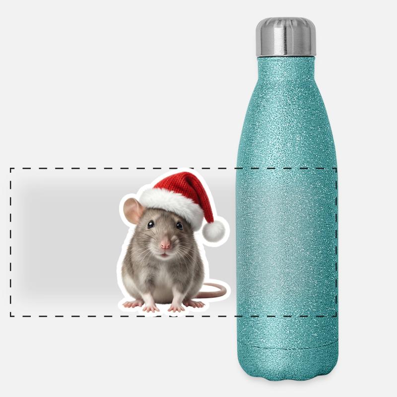 Clever rat with red Christmas hat Panoramic Glitter Thermal Bottle 500 ml