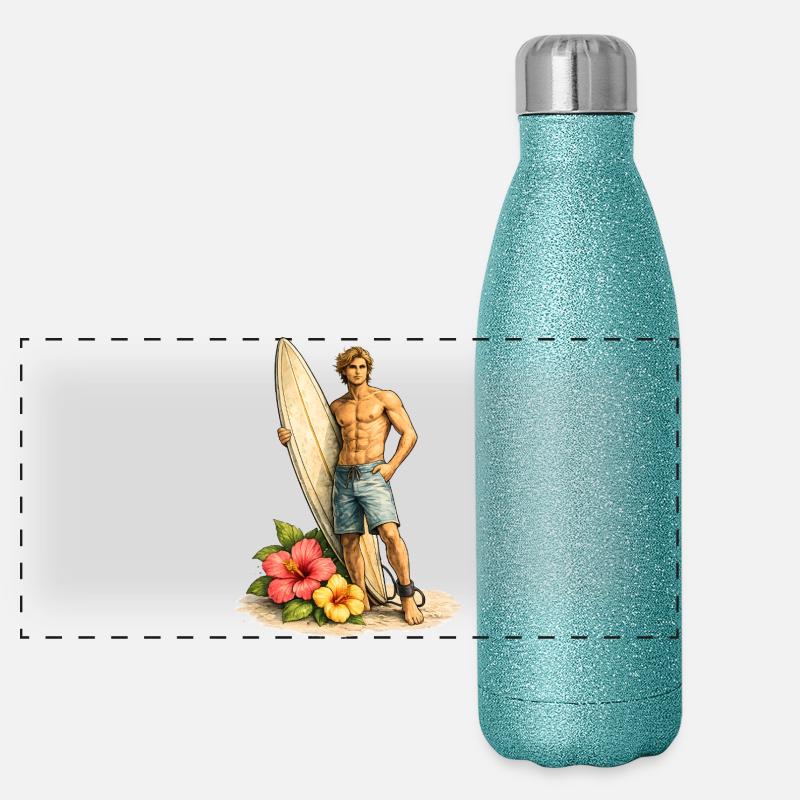 Surfeur avec planche sur une plage tropicale Gourde isotherme panoramique pailletée 500 ml