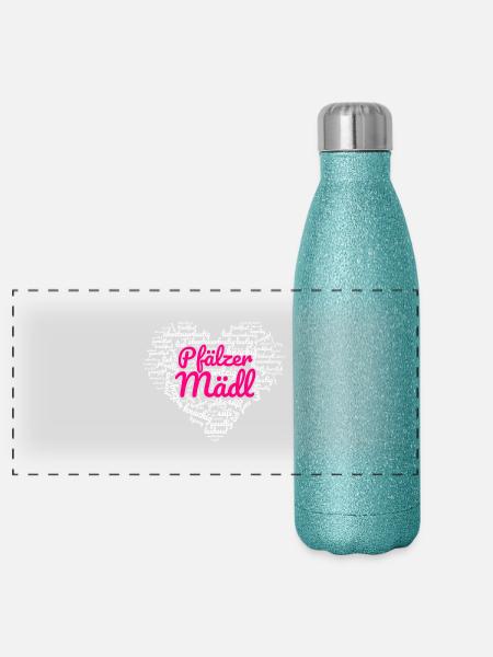Herzl: Pfälzer Mädl - Panorama Glitzer Isolierflasche 500 ml - Blau Glitzer - Vorne