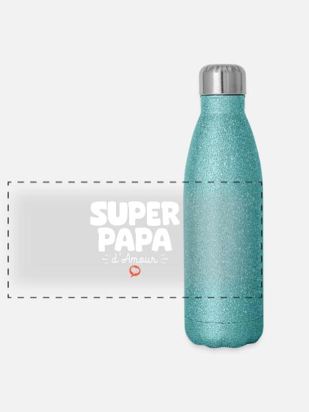 Papa drôle Fête des Pères Super papa d'amour - Gourde isotherme panoramique pailletée 500 ml - paillettes bleues - Devant