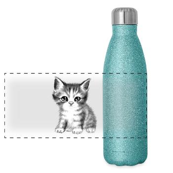 chat chaton mignon noir et blanc doux moelleux - Gourde isotherme panoramique pailletée 500 ml - paillettes bleues - Devant