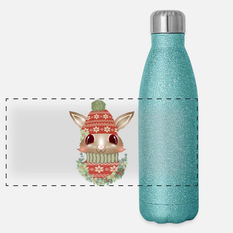 brown rabbit with sweater, bobble hat & wreath Panoramic Glitter Thermal Bottle 500 ml