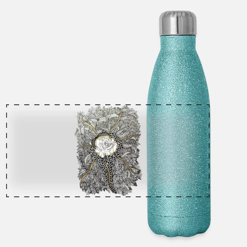 Golden flower mandala with rose accent Panoramic Glitter Thermal Bottle 500 ml
