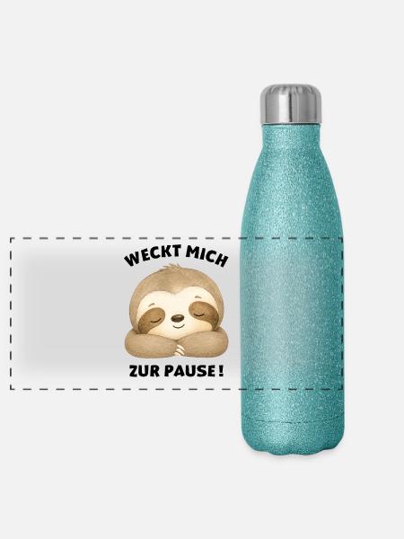 Weckt mich zur Pause Faultier - Panorama Glitzer Isolierflasche 500 ml - Blau Glitzer