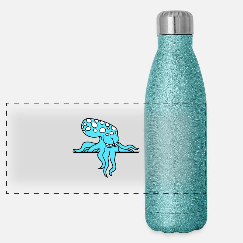 Oktopus hinter Mauer Zaun Schild Tasche guckt böse Panorama Glitzer Isolierflasche 500 ml