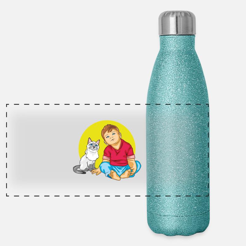 Un garçon parle à un chat siamois Gourde isotherme panoramique pailletée 500 ml