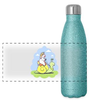 Licorne drôle escargot cadeau d'anniversaire enfant - Gourde isotherme panoramique pailletée 500 ml - paillettes bleues - Devant