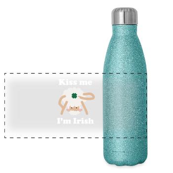 Kiss Me Im Irish Sheep Funny St Patricks Day Pun - Panoramic Glitter Thermal Bottle 500 ml - blue glitter - Front