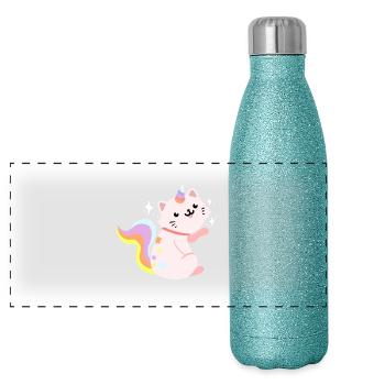 Sitzendes Caticorn - Lustiges Caticorn Katze - Panorama Glitzer Isolierflasche 500 ml - Blau Glitzer - Vorne