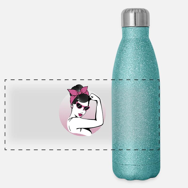Retro Rockabilly Girl - Panorama Glitzer Isolierflasche 500 ml - Blau Glitzer