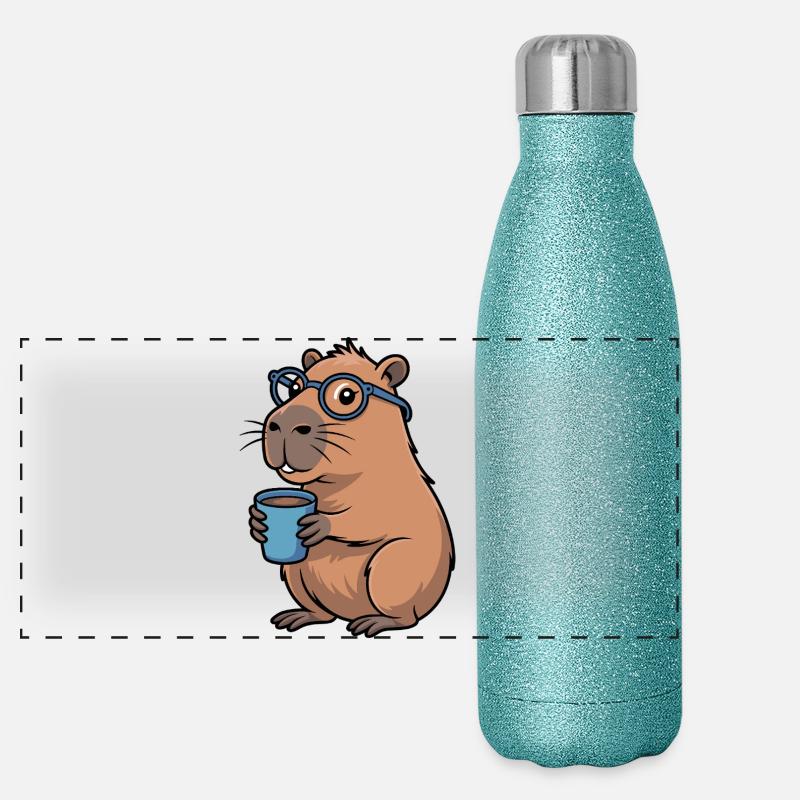 Coffee drinking capybara with glasses Panoramic Glitter Thermal Bottle 500 ml