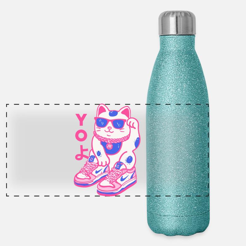 Neon Maneki Sneaker Katze - Panorama Glitzer Isolierflasche 500 ml - Blau Glitzer
