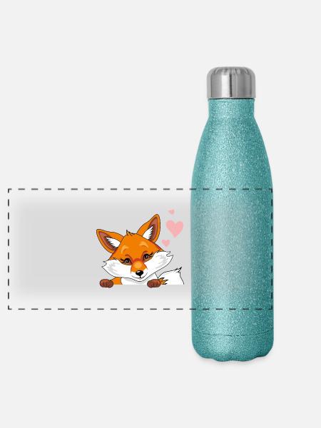 Spähender süßer, schüchterner Fuchs mit Herzen - Panorama Glitzer Isolierflasche 500 ml - Blau Glitzer - Vorne