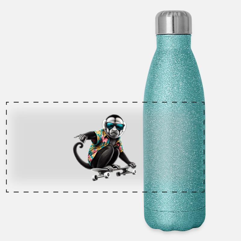 Ein cooler Affe auf einem Skateboard Panorama Glitzer Isolierflasche 500 ml