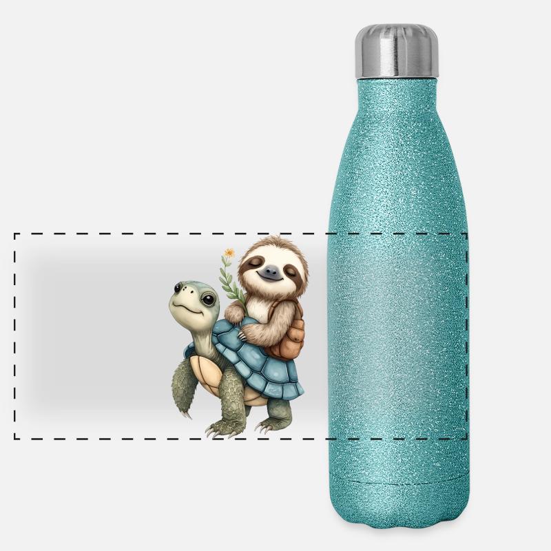 Sloth and Turtle on holiday 🦥🐢 (3) - Panoramic Glitter Thermal Bottle 500 ml - blue glitter
