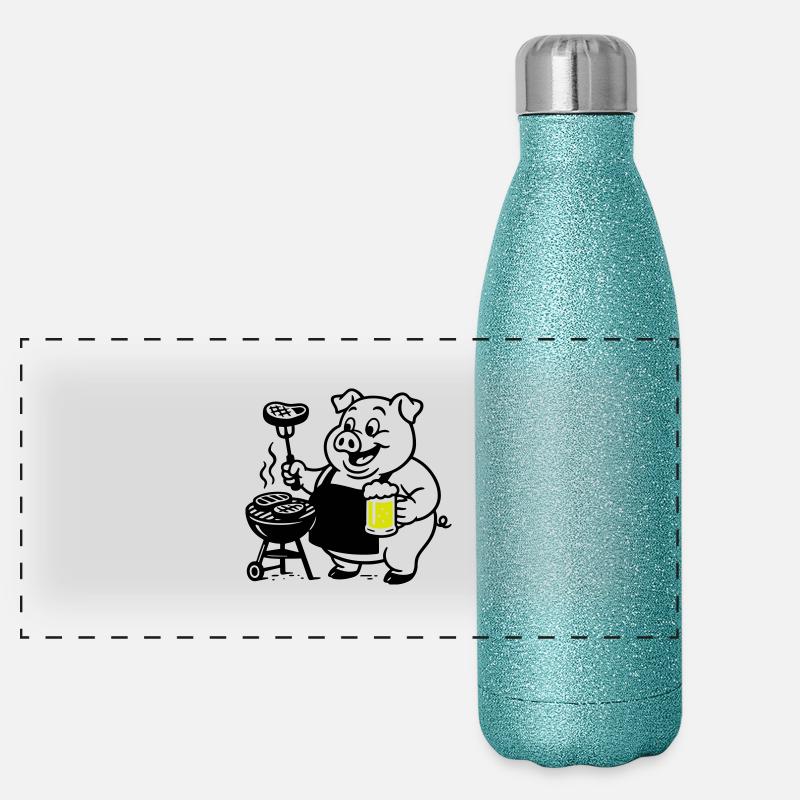 Schwein Grillen Bier Panorama Glitzer Isolierflasche 500 ml