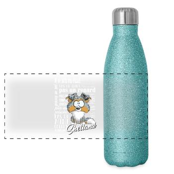 Je Suis Shetland - Bleu Merle Tricolore FR - Gourde isotherme panoramique pailletée 500 ml - paillettes bleues - Devant