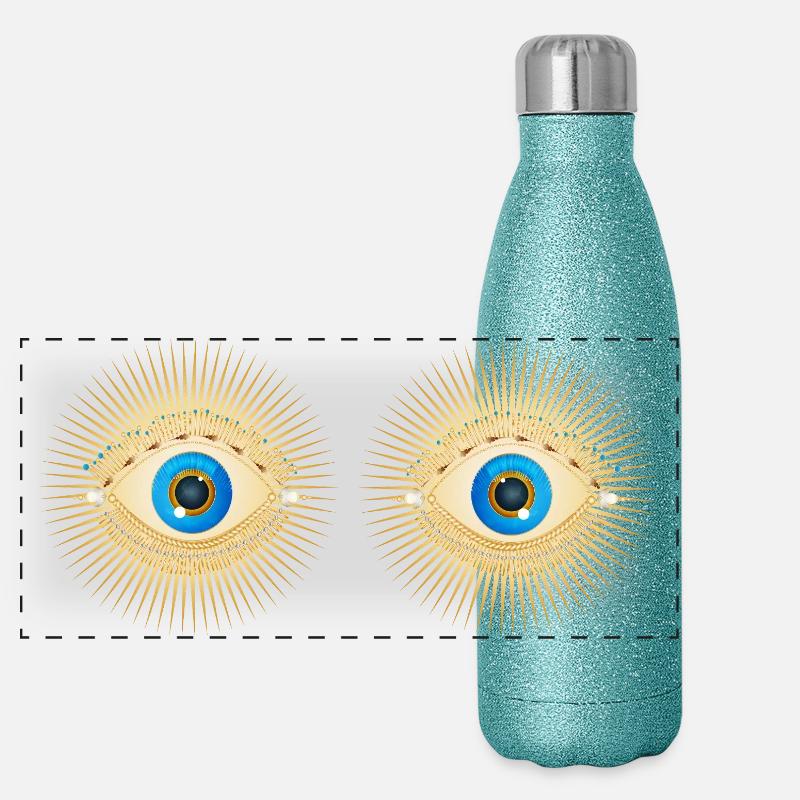 Golden eyes with bright blue pupils Panoramic Glitter Thermal Bottle 500 ml