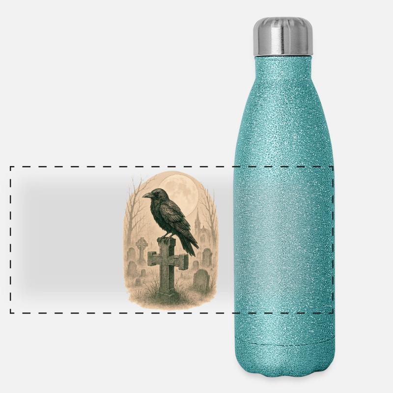 Moonlit Graveyard Raven Illustration Panoramic Glitter Thermal Bottle 500 ml