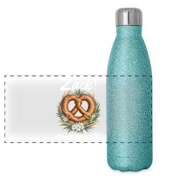 Traditionelle Brezel Zack aufgebrezelt Dirndl - Panorama Glitzer Isolierflasche 500 ml - Blau Glitzer - Vorne