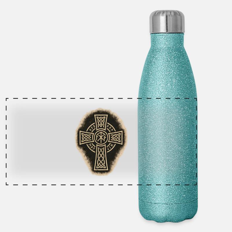 Celtic Cross with Runes and Knot Pattern Panoramic Glitter Thermal Bottle 500 ml