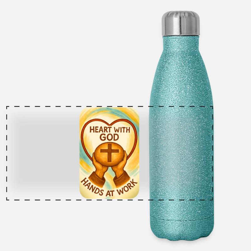 Herz bei Gott – Hände an der Arbeit Panorama Glitzer Isolierflasche 500 ml