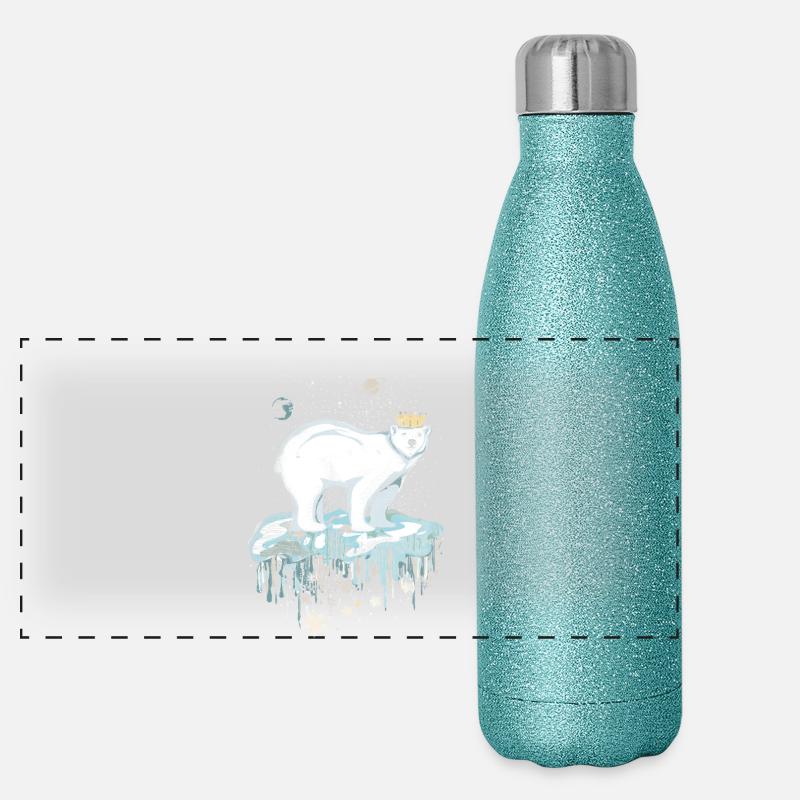 Majestätischer Eisbär mit Krone auf Eisscholle Panorama Glitzer Isolierflasche 500 ml