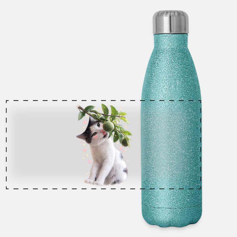 Chat curieux avec du tilleul sur une branche Gourde isotherme panoramique pailletée 500 ml