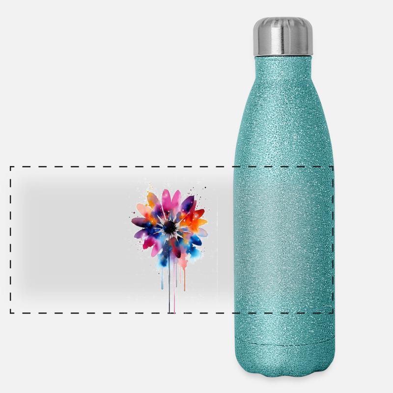 Fleur aquarelle marguerite Gourde isotherme panoramique pailletée 500 ml