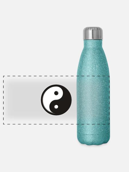 Yin et Yang symbole | noir et blanc - Gourde isotherme panoramique pailletée 500 ml - paillettes bleues - Devant