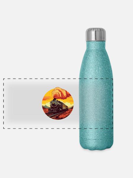 Vintage Dampflok bei Sunset: Zeitreise auf - Panorama Glitzer Isolierflasche 500 ml - Blau Glitzer - Vorne