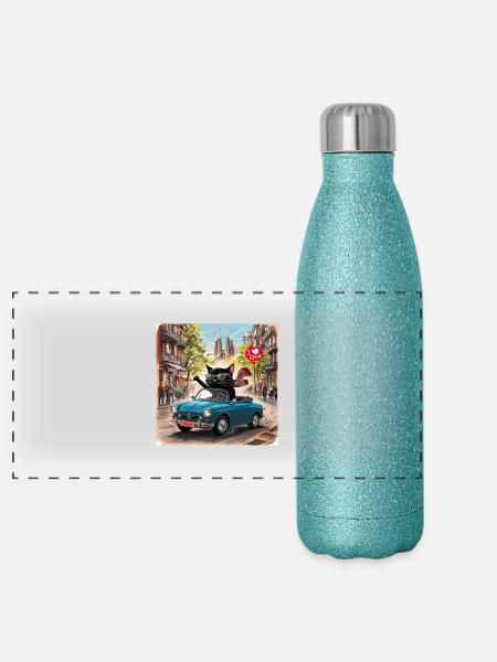 Cat on tour - I love Spain! - Barcelona - Panoramic Glitter Thermal Bottle 500 ml - blue glitter - Front
