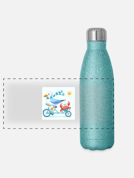 Funny Seagull et son ami Cancer lors d’une visite à vélo - Gourde isotherme panoramique pailletée 500 ml - paillettes bleues - Devant