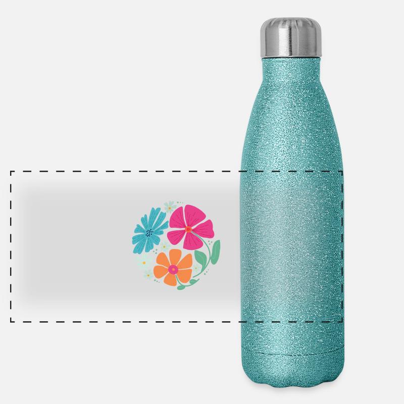 Summer flowers in circle shape - Panoramic Glitter Thermal Bottle 500 ml - blue glitter