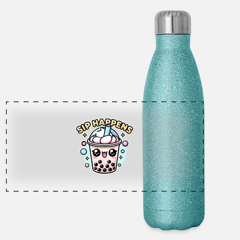 Kawaii Chibi Bubble Tea – Sip Happens Fun Food Wortspiel Panorama Glitzer Isolierflasche 500 ml