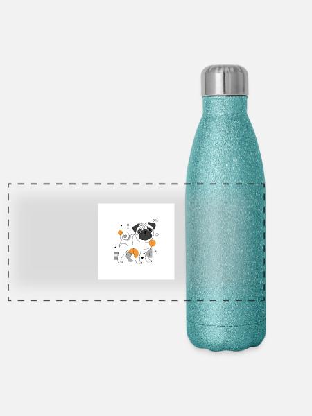 Mops Design - Panorama Glitzer Isolierflasche 500 ml - Blau Glitzer - Vorne