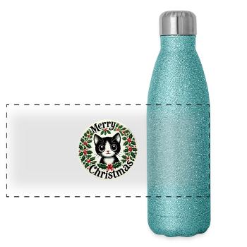 Merry Christmas Tuxedo Cat Holiday Art - Panoramic Glitter Thermal Bottle 500 ml - blue glitter - Front