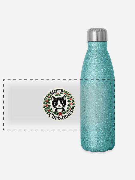 Frohe Weihnachten Smoking Katze Urlaub Kunst - Panorama Glitzer Isolierflasche 500 ml - Blau Glitzer - Vorne