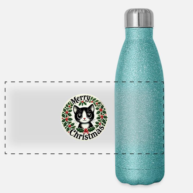 Merry Christmas Tuxedo Cat Holiday Art Panoramic Glitter Thermal Bottle 500 ml