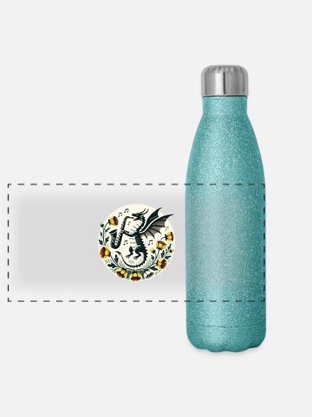 Saxophone Dragon Jazz Fantasy - Panoramic Glitter Thermal Bottle 500 ml - blue glitter - Front