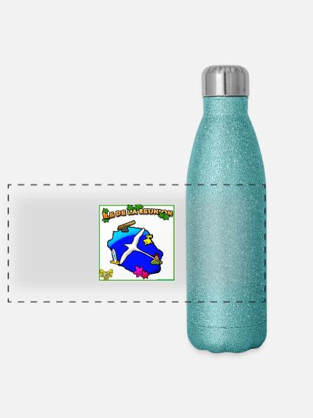 Ile de la Reunion Paille en queue - Gourde isotherme panoramique pailletée 500 ml - paillettes bleues - Devant