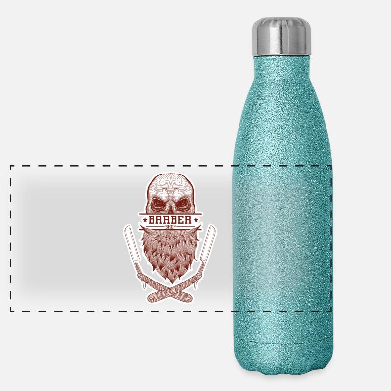 A skull with a beard, framed by razor blades. Panoramic Glitter Thermal Bottle 500 ml