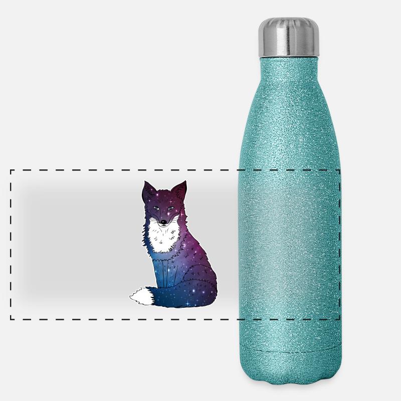 Fox with starry sky, Space, Galaxy, Space Panoramic Glitter Thermal Bottle 500 ml