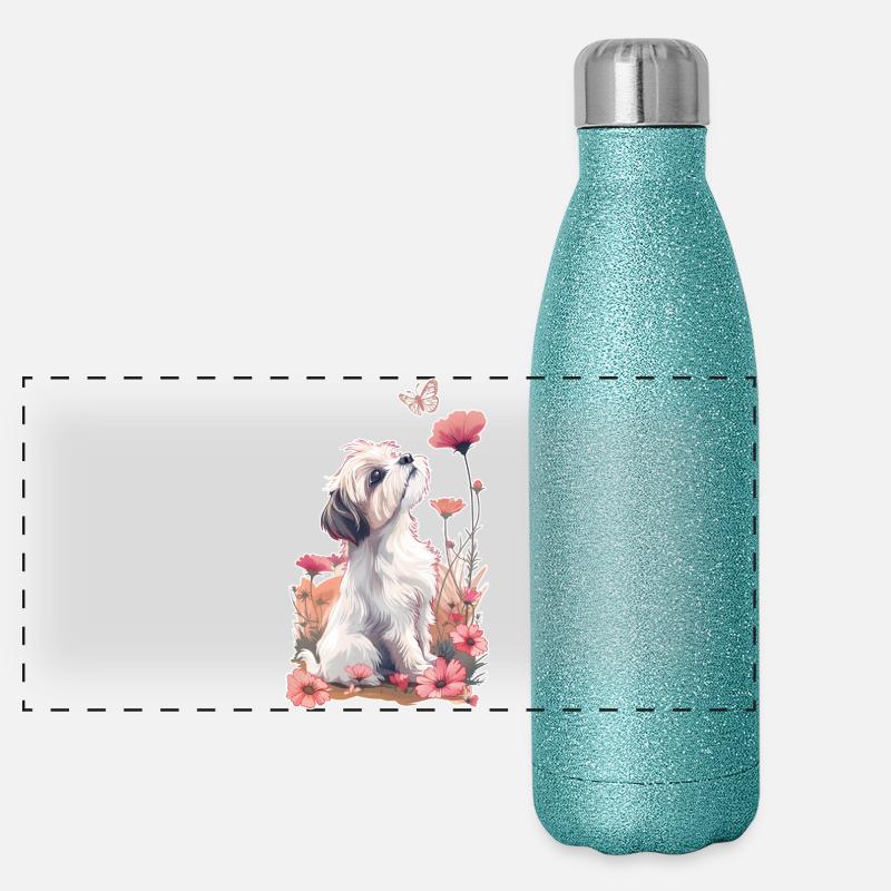 Shih Tzu et papillon Gourde isotherme panoramique pailletée 500 ml
