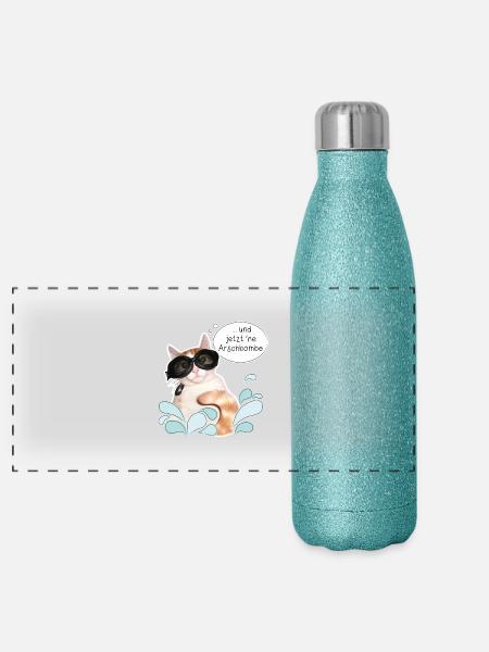 Katze - Sommer - Ferien - Sonne - Arschbombe - DD - Panorama Glitzer Isolierflasche 500 ml - Blau Glitzer - Vorne