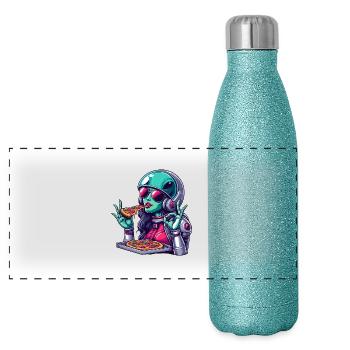 Alien Pizza Lover - Green Alien Woman - Panoramic Glitter Thermal Bottle 500 ml - blue glitter - Front