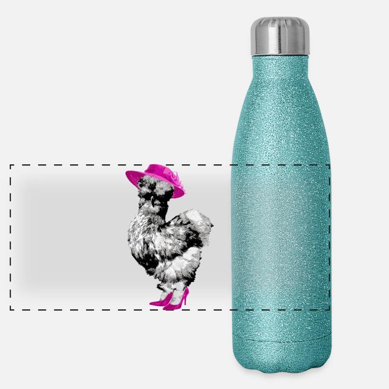 Chicken with Lady's Hat and High Heels, Silk Chicken - Panoramic Glitter Thermal Bottle 500 ml - blue glitter