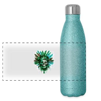 Indian Skull Chief - Panoramic Glitter Thermal Bottle 500 ml - blue glitter - Front