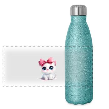 Chat mignon avec arc sur la tête - Gourde isotherme panoramique pailletée 500 ml - paillettes bleues - Devant